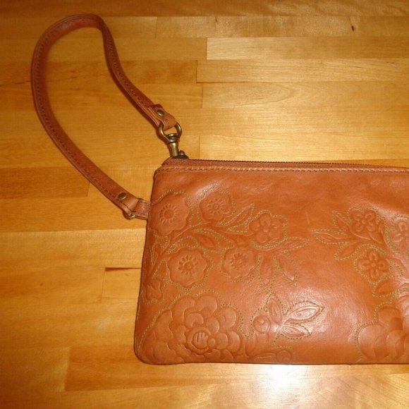Fossil Brown Floral Boho Embroidered Tan Leather Wristlet Wallet Clutch … - Picture 3 of 6